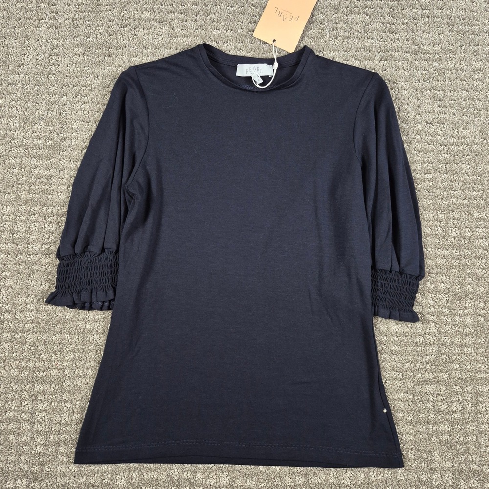 Pearl by Lela Rose Top Womens XS Navy Jersey Full Sleeve Smocked Cuff USA NWT